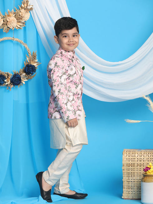 Floral Printed Pink Bandhgala Prince Coat Jodhpuri With Cream Color Kurta Pyjama Set